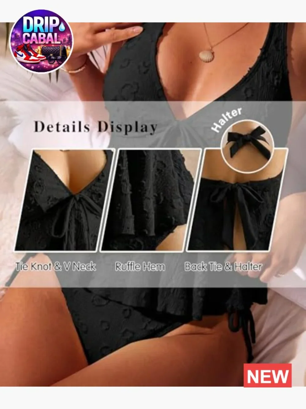 Halter Tankini Top with Tummy Control Textured V-Neck Swimwear